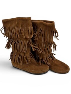 MINNETONKA 3-Layer Fringe Moccasin Mid-Calf High Boho Boot Women's Size 7
